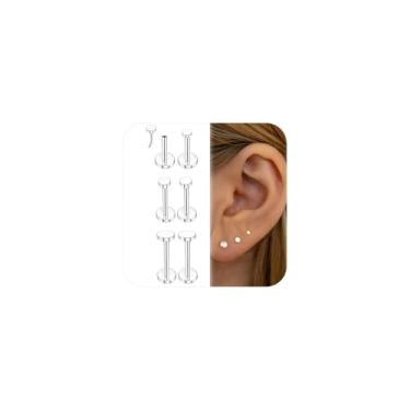 Imagem de 3 pares de brincos de ouro sem rosca para mulheres, anéis labiais labret de aço cirúrgico, piercing de nariz plano nas costas, narina, tragus, hélice, joias femininas 18G, Aço inoxidável, Sem pedra