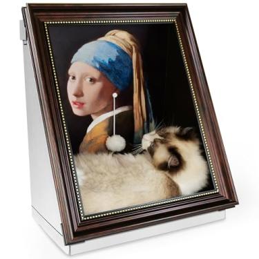 Imagem de Almofada de pintura para arranhar gatos para ambientes internos, com cartboard horizontal, arranhador de gato, cama, design semi-surround com erva de gato (menina com um brinco de pérola, moldura