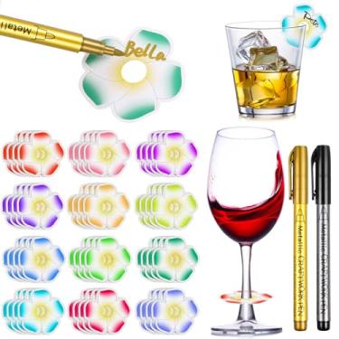 Imagem de 48 peças de pingentes de taça de vinho de flor havaiana etiquetas de bebidas descartáveis identificador de copo de vinho pingentes de bebida com caneta marcador para casamento, chá de bebê