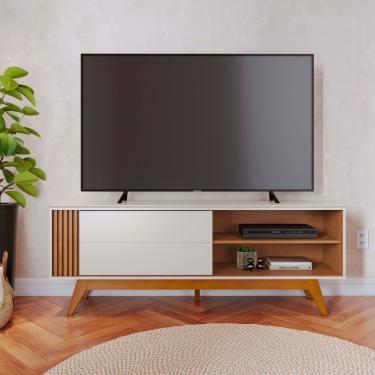 Imagem de Rack Ripado para TV até 65 Polegadas 1 Porta de Correr com Pés de Madeira Otawa Colibri - Off White Matte/Freijo