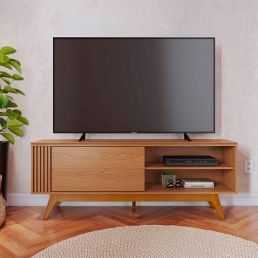 Imagem de Rack Ripado para TV até 65 Polegadas 1 Porta de Correr com Pés de Madeira Otawa Colibri - Freijo