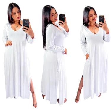 Imagem de Vestido longo gola v com fenda lateral  manga longa - Neide modas, Bra