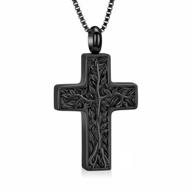 Imagem de Ydmwannx Colar de urna árvore da vida para mulheres e homens, joia de cremação, cruz de aço inoxidável, pingente de cinzas, memorial de lembrança para joias humanas, Aço inoxidável, Zircônia cúbica