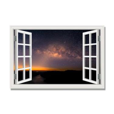Imagem de Janela de arte de parede com impressão em tela. Visualização de janela falsa. Impressão de imagem natural em tela. Arte de parede para sala de estar (Céu estrelado à noite 14) Moldura interna 40x60cm