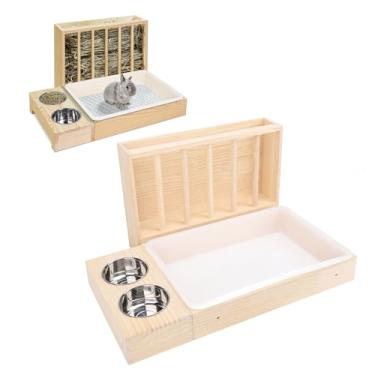 Imagem de Topyond Alimentador de feno de coelho com caixa de areia, manjedouro de madeira para chinchilas, hamsters e pequenos animais, à prova de bagunça com 2 tigelas de aço inoxidável, suporte de feno