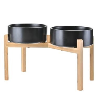 Imagem de SPUNKYJUNKY Tigelas elevadas de cerâmica para cães, 21 cm, para alimentos, água, elevadas com suporte de bambu antiderrapante, para raças grandes, pode ir ao micro-ondas e lava-louças, 1,701 g, preta