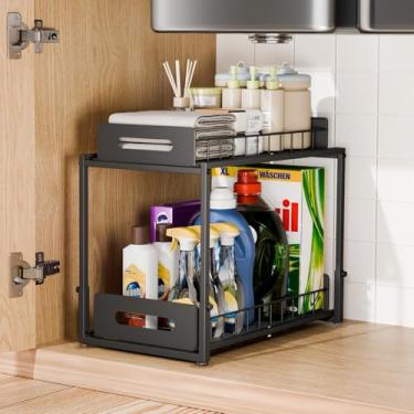 Imagem de Ganweetech Organizador e armazenamento sob a pia, prateleira organizadora de 2 camadas embaixo do armário, altura ajustável, metal espesso deslizante embaixo da pia para armário de cozinha e banheiro