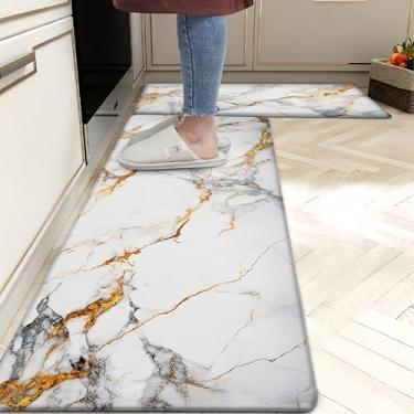 Imagem de tubeamin Tapetes De Cozinha Para Piso, Antifadiga, Mármore, Acolchoado, Espuma Memória, Couro Pvc, Antiderrapante, Confortável, Conjunto 2, 17,3 X 28 + 47, 0,4 Pol. Espessura