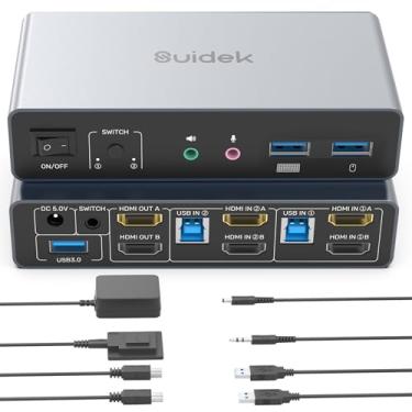 Imagem de SUIDEK Comutador HDMI KVM 2 monitores, 2 computadores, comutador USB KVM 4K a 60Hz, HDMI estendido/visor espelhado para 2 monitores de compartilhamento de PC, com 3 portas USB 3.0, controle de mesa e