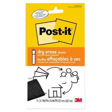 Imagem de Post-it Folhas apagáveis a seco, 17,8 cm x 28,7 cm, colam com segurança e removem de forma limpa (DEFSHEETS-3PK), branco