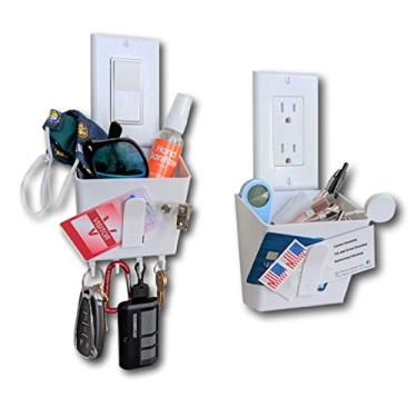Imagem de Organizador de parede de bolso e gancho para chave sem parafusos (branco, 1 unidade): instala em segundos em qualquer interruptor ou tomada sem parafusos ou fita. Ótimo para quartos, cozinhas
