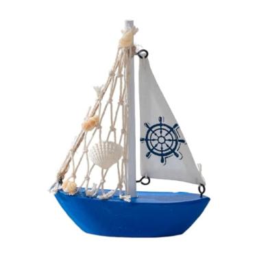 Imagem de Ioensy Mini modelo de, decoração, coleção de barcos à vela em miniatura de madeira, ornamento leve com tema de praia para mesa de festa, Azul Escuro