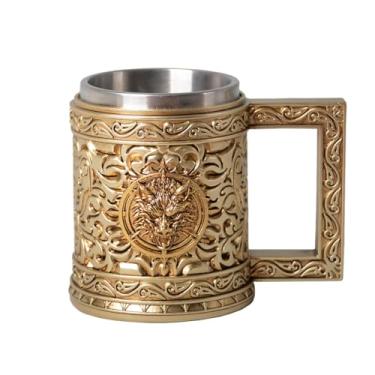 Imagem de HAUCOZE Caneca de cerveja - Copo de café de aço inoxidável isolado de parede dupla com alça, 450 ml, design de cabeça de lobo para presentes e colecionáveis da Oktoberfest