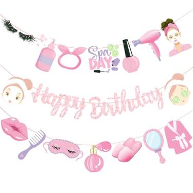 Imagem de Banners de aniversário spa decoração de festa de aniversário rosa glitter maquiagem feliz aniversário banner para meninas mulheres maquiagem feminina spa dia baile de máscaras tema cosméticos