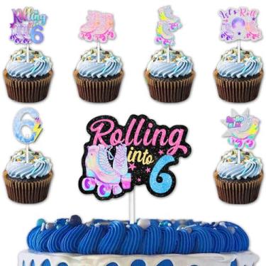 Imagem de 18 peças de patins com glitter, 12 peças, topo de cupcake, 1 peça de topo de bolo para os anos 80, 90, retrô, hip hop, patinação, rolo em 6 artigos de decoração temática, decorações de festa de feliz