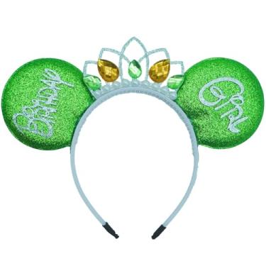 Imagem de Viwind Tiana de cabeça de princesa Tiana para mulheres, faixas de cabelo com coroa de aniversário verde glitter para meninas, fantasia de princesa Tiana decorações de festa de aniversário acessórios