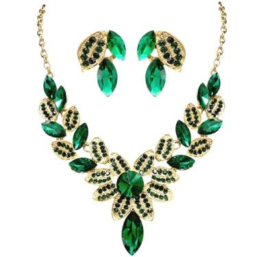 Imagem de MMonesu Conjunto de joias femininas com strass, forma de folha de cristal, gargantilha, colar de lágrima, conjunto de brincos pendentes para festa de formatura de casamento, Large, Zinco, Zircão