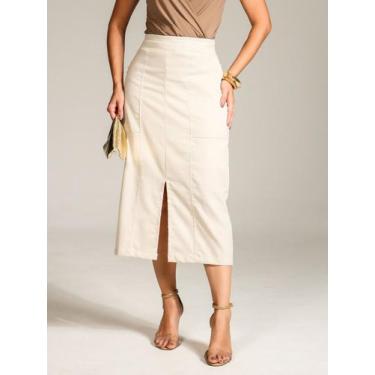 Imagem de Saia Midi de Linho com Fenda Charmosa e Cós Flexível - Lumia, Bege, M