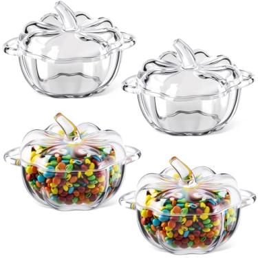 Imagem de Mimorou Conjunto de 2 potes de abóbora de vidro de 500 ml, decorações de Halloween, com tampa e alça, jarra de doces de abóbora para Halloween, outono, lanche, prato de cristal para decoração de casa