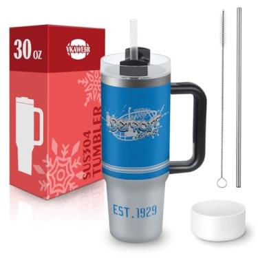 Imagem de Copo Detroit de 850 g com alça e canudo, copo de carro, caneca de café, copo isolado 100% à prova de vazamento com tampa e canudo, feito de aço inoxidável, base compatível com porta-copos, presentes