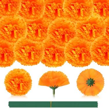 Imagem de JUNEBRUSHS 60 cabeças de flores de calêndula a granel, flores artificiais de calêndula laranja mexicana para decoração do Dia dos Mortos, faça você mesmo, guirlanda de guirlanda, artesanato indiano