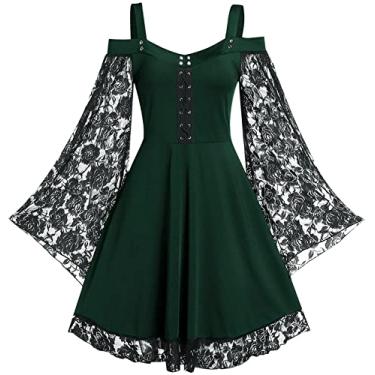 Imagem de Vestido de renda gótico para mulheres, vestido vintage tomara que caia, manga sino, fantasia medieval steampunk, cosplay, vestidos de Halloween, Verde, 3G