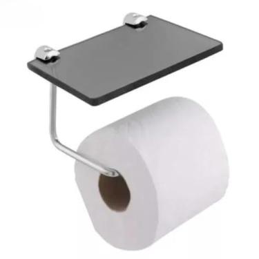 Imagem de Suporte para Papel Higiênico com Prateleira de Vidro Fumê, Porta Celular e Objetos, Metal Cromado, 13x10x8 cm