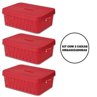 Imagem de Kit C/ 3 Caixas Organizadoras Multiuso C/ Tampa 11L Vermelho - Usual U