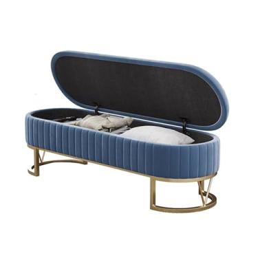 Imagem de Banco de armazenamento no final da cama, banco de armazenamento estofado com pernas de metal, banco de armazenamento moderno para sala de estar, entrada, banco de cama (azul, grande)