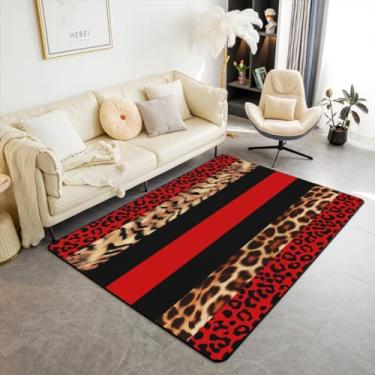 Imagem de Feelyou Tapete de leopardo para ambientes internos para meninos e meninas, estampa de pele 7,5 x 12,5 cm, vermelho e preto, tapete para sala de estar para crianças, ultramacio, safári, decoração de