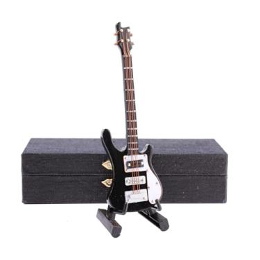 Imagem de Dselvgvu Miniatura de madeira para baixo elétrico com suporte e estojo Mini instrumento musical réplica de baixo elétrico estatuetas colecionáveis modelo decoração de casa presentes de aniversário (10