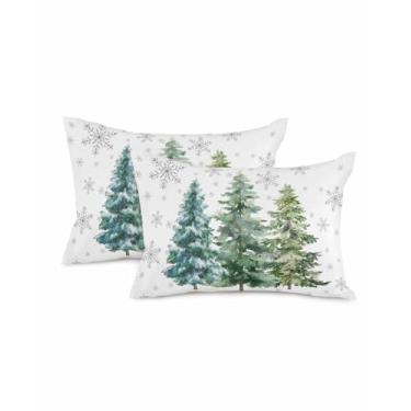 Imagem de Capas de almofada de Natal 50 x 30 cm conjunto de 2 capas de travesseiro de pinheiro verde decorativas inverno cinza floco de neve fronhas para sofá cama decoração de natal capas de almofada lombar