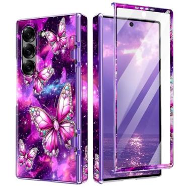 Imagem de Btscase Capa para Samsung Galaxy Z Fold 6, protetor de tela frontal integrado, padrão de mármore dourado com glitter, capa protetora de corpo inteiro à prova de choque para Galaxy Z Fold 6 5G, roxo