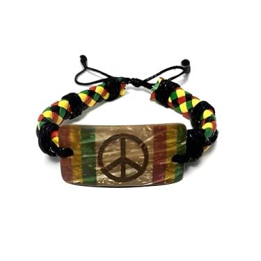 Imagem de Pulseira De Couro Sintético C/Placa de Madeira Yin Yang Reggae Colorido Ajustável Marley Jamaica