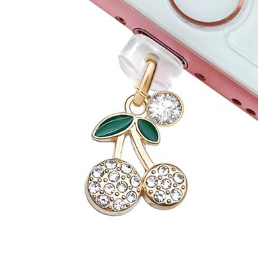 Imagem de ELISE & FONDA CP664 Porta de carregamento USB plugue antipoeira pequeno cristal cereja pingente de telefone para iPhone 14/13/12/11/XS MAX/XR/X/8 Plus/7/6S/8/SE iPad iPod (branco)