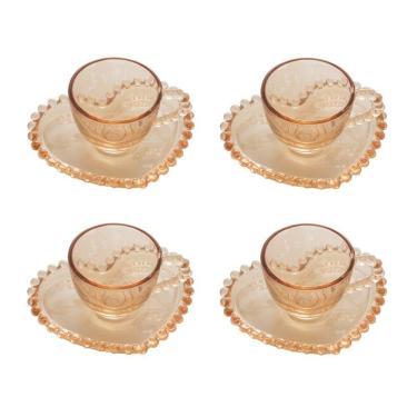 Imagem de Cj 4 Xícaras P/Café C/Pires de Cristal C/Formato Coração Pearl Bolinha Âmbar 85ml Wolff