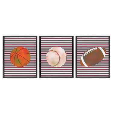 Imagem de Stupell Industries Conjunto de 3 peças de listras e bolas esportivas com moldura preta, design por Marcus Prime, 21 x 17