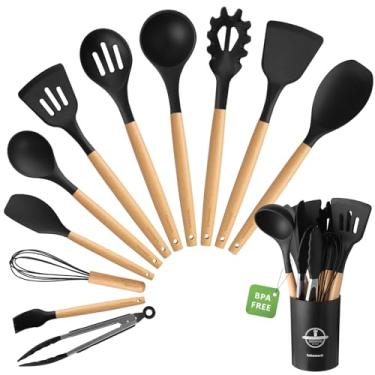 Imagem de SAKAMOSH Conjunto de utensílios de cozinha de silicone com suporte, conjunto de 12 utensílios de cozinha resistentes ao calor com cabo de madeira, espátula sem BPA, pinças e colheres para panelas