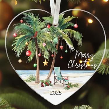 Imagem de HUNIGIFT Ornamento tropical de palmeira de Natal - Enfeites de Natal de palmeira - Enfeites de praia costeira tropical 2025 - Ornamento de acrílico para pendurar 2025