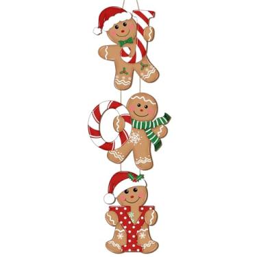Imagem de Decoração de sinal de porta de alegria de pão de gengibre de Natal, guirlanda de homem de gengibre para porta da frente, ornamentos de alegria de madeira, cabide de sinal de parede para festa de Natal