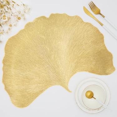 Imagem de Jogo americano de folha dourada, conjunto de 6, jogo americano de vinil em forma de ginkgo, limpável, fácil de limpar, tapetes para mesa de jantar para decoração de mesa de centro de mesa de decoração