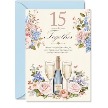 Imagem de Cartão de aniversário de 15 anos para mulheres e homens - champanhe floral - Cartão de feliz aniversário de 15 anos para parceira esposa namorada companheira, cartões comemorativos de casamento de 15