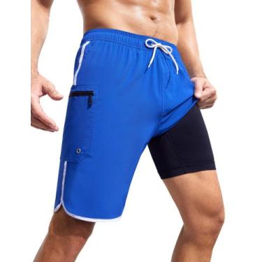 Imagem de Calções de banho SILKWORLD masculinos com forro de compressão azul pro