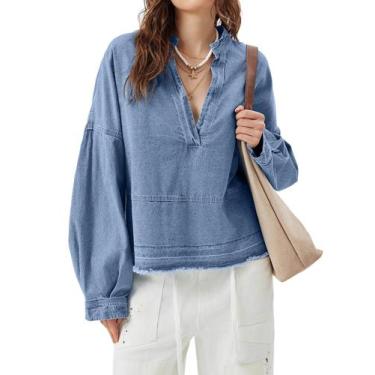 Imagem de Blusa jeans feminina PLNOTME com decote em V e manga bufante de algodã