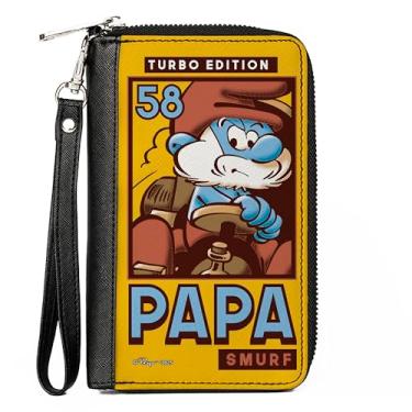 Imagem de Buckle-Down Carteira The Smurfs, zíper ao redor, Papa Smurf Kart Racing Edição Turbo Pose e logotipo laranja, couro vegano