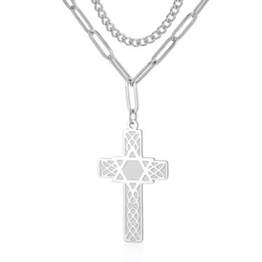 Imagem de VASSAGO Colar com pingente de estrela de Davi para homens e mulheres, crucifixo, pingente de cruz com hexágono, aço inoxidável, religioso, proteção judaica, cristã, joias presentes, 1.61"*0.94", Aço