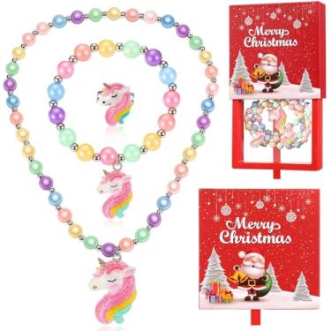 Imagem de Tondiamo Joias infantis de Natal para meninas, princesas, colares e pulseiras com contas de presente com caixa de presente para lembrancinhas de festa de aniversário de Natal, bracelet circumference