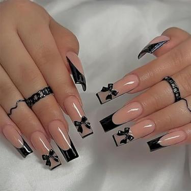 Imagem de Kit de unhas de pressão médio longo quadrado francês preto conjunto de unhas falsas com design de arco 3D cobertura completa cola em bastão falso artificial em unha de acrílico para mulheres 24 peças