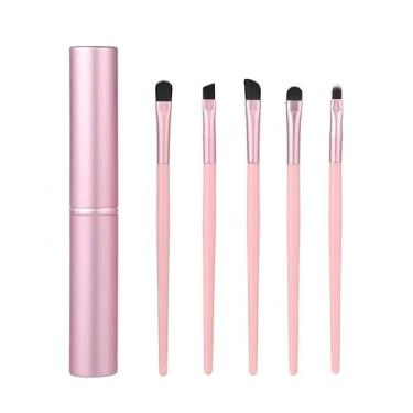 Imagem de Conjunto de pincéis de maquiagem de 5 peças com estojo de alumínio - Pincéis macios e adequados para viagens de base e contorno para todos os dias e beleza em movimento (rosa)