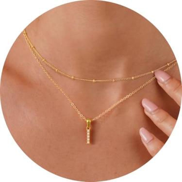 Imagem de Colar feminino com inicial CZ em camadas, pingente delicado de letra A a Z, joia banhada a ouro de corrente dupla, presente personalizado, 14+2in/16+2in, Aço inoxidável, Sem Pedra Preciosa